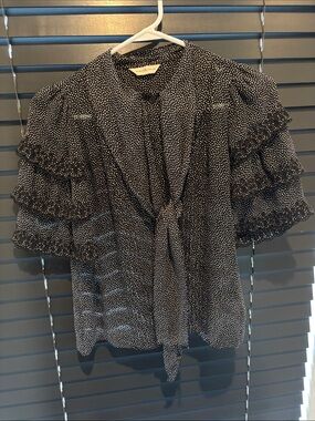 Rebecca Taylor Silk Black Polka Dot Tie-Neck Ruffle Sleeve Blouse
